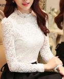 Fashion  Plus Size Lace Crocheted Hollow Out Top Standup Collar White Blouse Woman Sweet Long Sleeve Shirts Blusas 1695 
