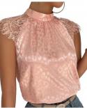 Sleeveless  Lace Blouses Summer Solid Pink Shirts 2023 Elegant Stand Collar Top Lady Loose Shirt Womens Blusas Mujer 265