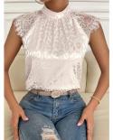Sleeveless  Lace Blouses Summer Solid Pink Shirts 2023 Elegant Stand Collar Top Lady Loose Shirt Womens Blusas Mujer 265