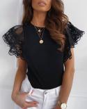 Women Butterfly Short Sleeve Tshirts Summer Lace Cotton T Shirt Tops Casual O Neck Tee Tops Slim Mesh Chiffon White Lady