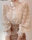 2022 Sweet Hollow Out Lace Patchwork Women Blouse Button White Top Petal Sleeve Flower Stand Collar Cotton Shirt Blusas 