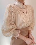 2022 Sweet Hollow Out Lace Patchwork Women Blouse Button White Top Petal Sleeve Flower Stand Collar Cotton Shirt Blusas 