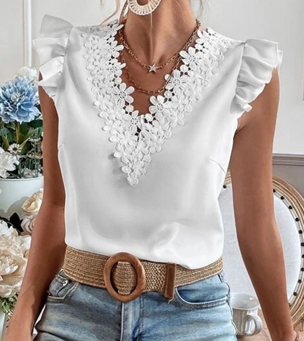 V Neck Flower Lace Stitching Blouse 2022 Summer Sweet White Tops Womens Shirt Lace Chiffon Sleeveless Casual Women Tops