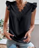 V Neck Flower Lace Stitching Blouse 2022 Summer Sweet White Tops Womens Shirt Lace Chiffon Sleeveless Casual Women Tops