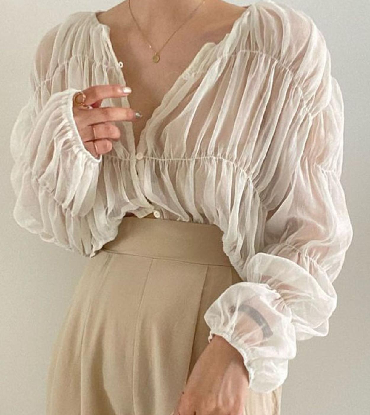  Fashion Pleated Casual Blouse Women Summer New Loose Folds Perspective Chiffon Shirt Long Sleeve Tops Blusas Mujer 1562