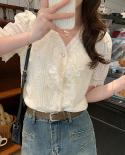 Summer Elegant Lace Chiffon Blouse Women  Fashion V Neck Puff Short Sleeve Tops Ruffle Shirt Lady Sweet Mujer Button 253