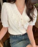 Summer Elegant Lace Chiffon Blouse Women  Fashion V Neck Puff Short Sleeve Tops Ruffle Shirt Lady Sweet Mujer Button 253