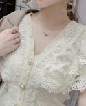 Sweet Lace Ruffle Stitching Blouse Women Vneck  Summer New Short Sleeve Tops Crochet Mesh New Chiffon Shirt Blusas 14174