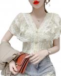 Sweet Lace Ruffle Stitching Blouse Women Vneck  Summer New Short Sleeve Tops Crochet Mesh New Chiffon Shirt Blusas 14174