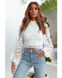  Long Sleeve Lace Blouse Women Tops Casual White Crochet Hollow Out Cropped Womens Shirt Turtleneck Female Blusas 16296