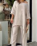 Elegant Cotton Linen Long Blouse  Fashion Wide Leg Pant Two Piece Set Irregular Women Casual Suit Loose Femme Outfit 260