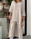 Elegant Cotton Linen Long Blouse  Fashion Wide Leg Pant Two Piece Set Irregular Women Casual Suit Loose Femme Outfit 260