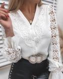 Spring  Lace Patchwork Hollow Out Shirt Fashion White Vintage Long Sleeve Tops Button Mesh Crochet Lace Blouse Women 132