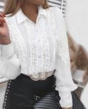 Spring  Lace Patchwork Hollow Out Shirt Fashion White Vintage Long Sleeve Tops Button Mesh Crochet Lace Blouse Women 132