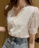 Summer Women Tops And Blouse  Vneck New Lace Shirts Stitching Women Shortsleeved Lace Hollow Out Top Female Blusa 13985 