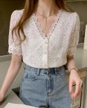 Summer Women Tops And Blouse  Vneck New Lace Shirts Stitching Women Shortsleeved Lace Hollow Out Top Female Blusa 13985 