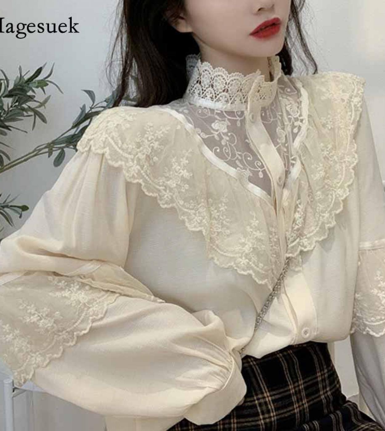 Fashion  Lace Up Ruffled Blouses Women Autumn Sweet Loose Clothes Stand Collat Ladies Tops Vintage Lace Shirts Women 113