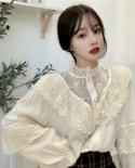 Fashion  Lace Up Ruffled Blouses Women Autumn Sweet Loose Clothes Stand Collat Ladies Tops Vintage Lace Shirts Women 113