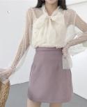 Spring Gauze Bow Beading Pink White Blouse  Summer Women Solid Chiffon Shirt Female Blouses Top Office Shirts Blusas 432