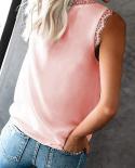 V Neck Sleeveless Lace Vest Women Tank Tops Casual Loose Summer Clothes  Chiffon 2023 New Solid Color Fashion Blusas 247