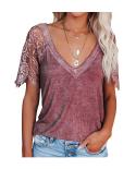 Vneck Lace Short Sleeve Tshirt For Women Spring Clothes Summer  Solid Tee New Shirt Office Lady Top Casual Elegant 19829