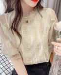  Summer Women Tops New Stand Collar Casual Beautiful Shirts Sweet White Lace Blouse Short Lantern Sleeve Shirt Clothes 1