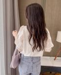 Summer Women Tops New Stand Collar Casual Beautiful Shirts Sweet White Lace Blouse Short Lantern Sleeve Shirt Clothes 1