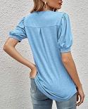 Summer Casual Cotton Tshirts Women Elegant V Neck Puff Short Sleeve 2023 Tee Top Solid Color Female Loose Simple T Shirt