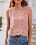 2022 Summer New Fashion V Neck Vest Sleeveless Woman Tank Tops Lady Casual Blouse Hollow Out Lace  Vest Blouse Blusas 22