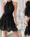 2023 Summer New Fashion Elegant Dress Womens Sleeveless Solid Color Ruffle Dress Vacation Office Ladies Cake Dress