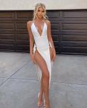 Deep V Neck  Fashion Dress Women Backless Slit Hollow Strap Halter Neck Long Dress 2023 Summer Elegant Vacation Beach Dr