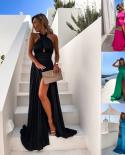 2023 Summer Sleeveless Maxi Evening Dress Women  Backless Halter Neck Slit Solid Elegant Long Dress Female Prom Party Ro