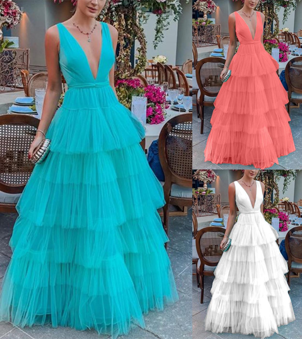 Sleeveless Mesh Cake Dress Womens Deep V Neck Solid Color Camisole Evening Dress 2023 Summer Fashion Elegant Ladies Lon