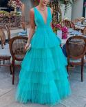 Sleeveless Mesh Cake Dress Womens Deep V Neck Solid Color Camisole Evening Dress 2023 Summer Fashion Elegant Ladies Lon
