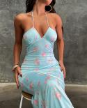 Womens Summer Elegant Casual Spaghetti Strap Long Skinny Sling Dress Sleeveless Halter Hanging Neck Flowy Beach Dress