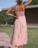 Women 2023 Summer Casual Boho Ruched A Line Long Dresses Spaghetti Strap Wrap Chest Sleeveless Beach Dress