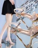 الشحن مجانا السيدات عالية الكعب سلسلة حجر الراين الأحذية مع الجلود فام الصنادل المرأة الصيف 2022 الراحة موهير اللباس