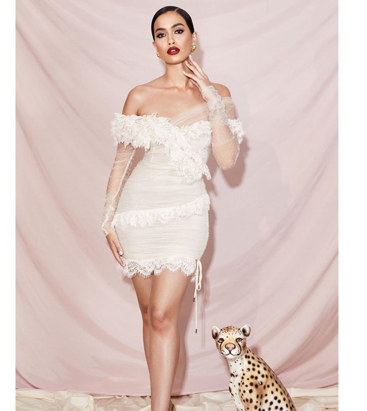 Womens Lace Flowers Long Sleeve Bandage Dress White Pink Bodycon Mini  Elegant Off Shoulder Celebrity Evening Party Dre