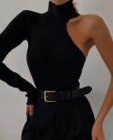 Women Cropped One Sleeve Off Shoulder Turtleneck  Skinny Black Bandage Casual Party Shopping Vacation Mini Top  Dresses