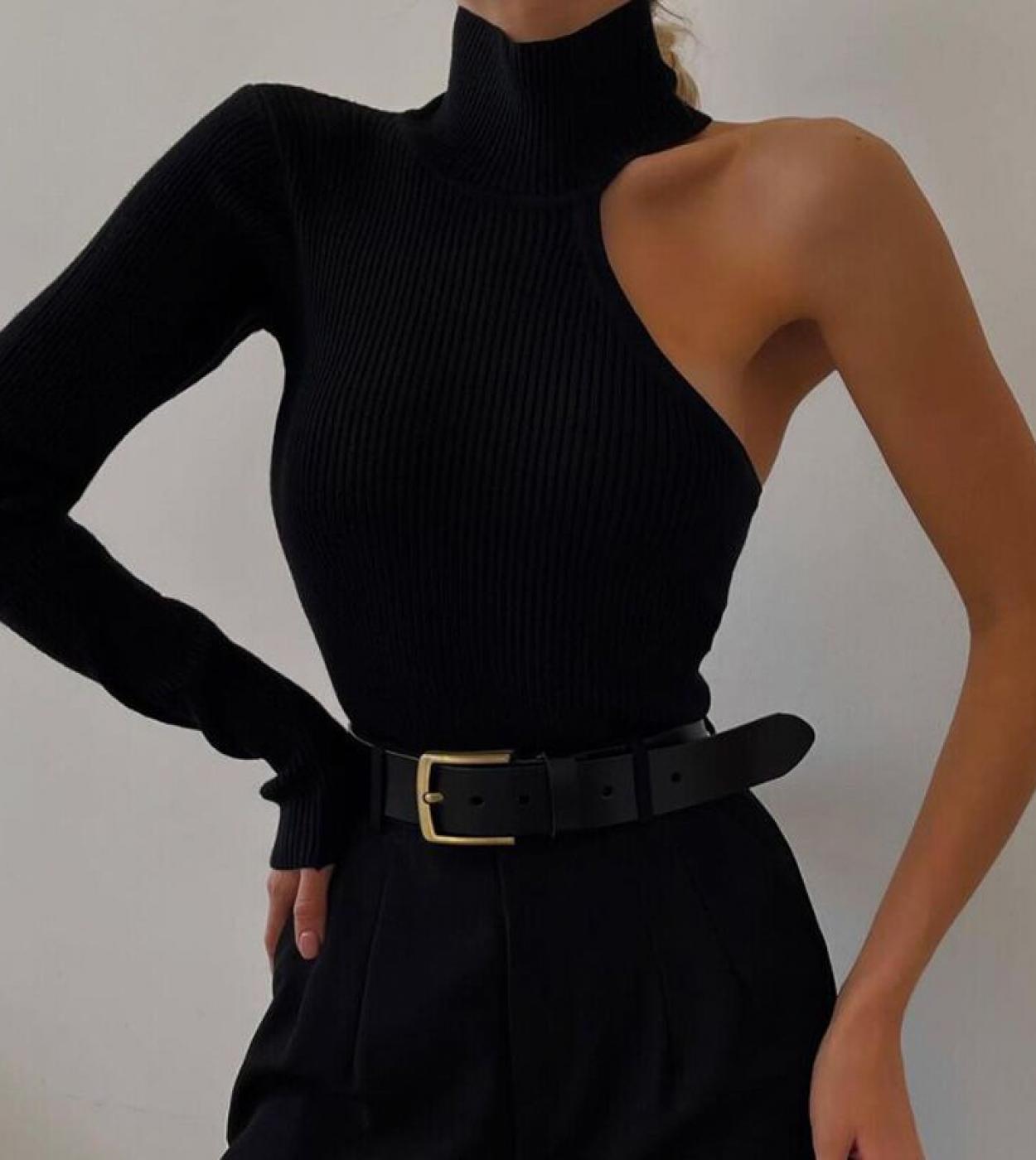 Women Cropped One Sleeve Off Shoulder Turtleneck  Skinny Black Bandage Casual Party Shopping Vacation Mini Top  Dresses