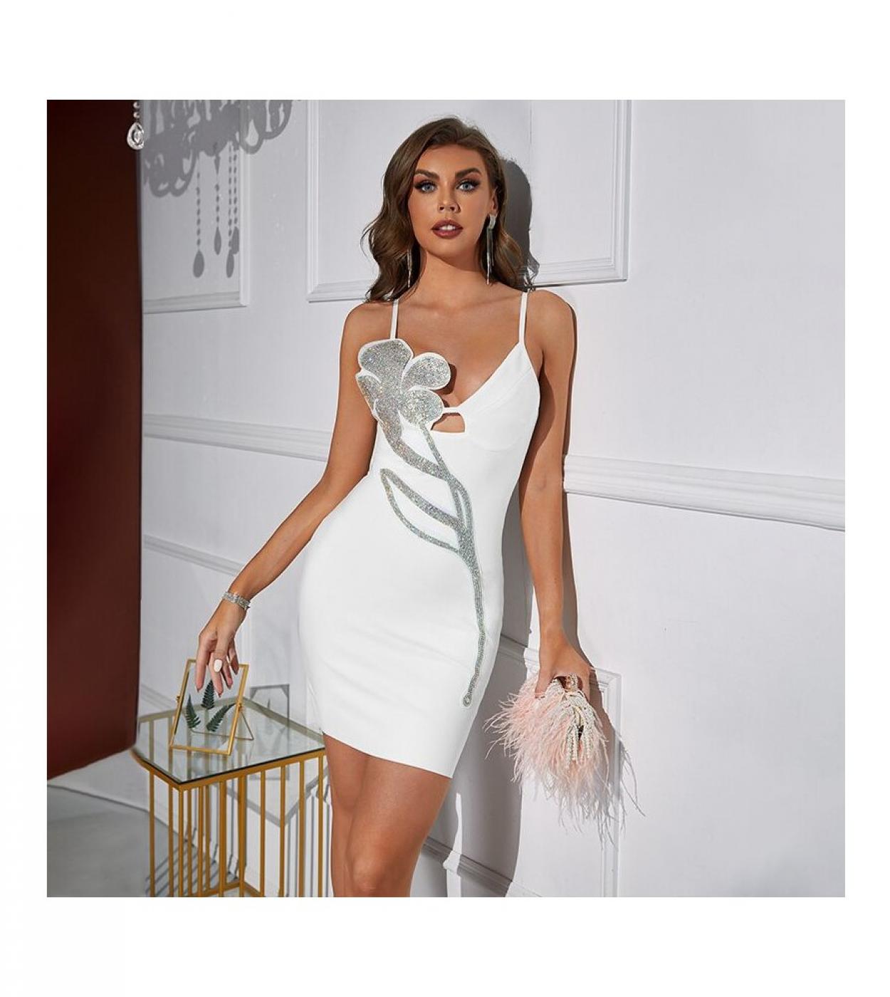Womens Tie Flowers Sleeveless Bandage Dress White Bodycon Mini  Elegant Off Shoulder Celebrity Evening Party Dresses