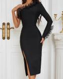 2023 New Arrivals Fashion Ruffles Decoration Single Sleeve Women Split  Bodycon  Elegant Celebrity Evening Party Dresses