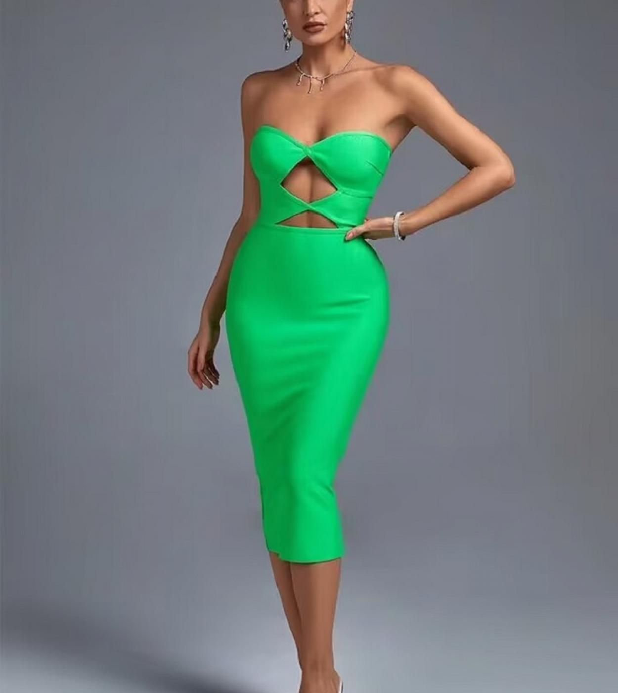 2023 Fashion  Hollow Out Midi Bandage Dress For Women Evening Party Elegant Birthday Club Chest Wrapping Bodycon Dresses