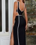 New Summer Women Bandage Cutout Halter V Neck Sleeveless Black And White Patchwork Evening Club Celebrity Bodycon Party 