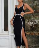 New Summer Women Bandage Cutout Halter V Neck Sleeveless Black And White Patchwork Evening Club Celebrity Bodycon Party 