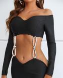 2023 New Fashion Two Piece Set Bandage Dress For Women Off Shoulder V Neck Crop Top Diamonds Chain Connect Party Prom Go