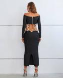 2023 New Fashion Two Piece Set Bandage Dress For Women Off Shoulder V Neck Crop Top Diamonds Chain Connect Party Prom Go