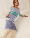  Off Shoulder Long Sleeve Knitted Maxi Dress Elegant Colored Striped Slim Knit Dress Women Party Beach Evening Club Dres