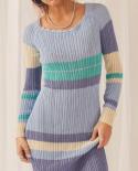  Off Shoulder Long Sleeve Knitted Maxi Dress Elegant Colored Striped Slim Knit Dress Women Party Beach Evening Club Dres