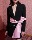  Colorblock Lace Up Bowknot Womens Blazer Coat Notched Long Sleeve Open Back Loose Female Blazer 2022 Fashion Clothingd